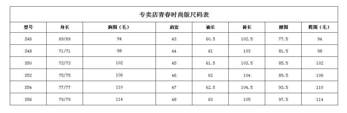 尺碼表